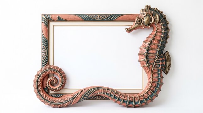 Steampunk seahorse picture frame with bronze metallic textures, ornate nautical border for marine art displays, vintage mechanical sea creature frame, antique copper finish ocean themed border.
