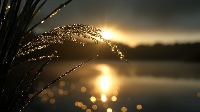 Sunrise dew drops on grass by lake.