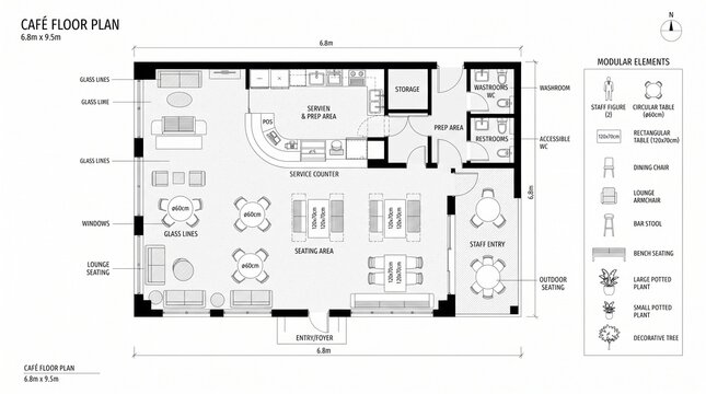 Modern cafe floor plan, architectural restaurant layout with modular elements, professional interior design blueprint for coffee shop