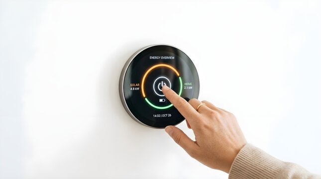 Person touching a smart home energy monitor on a white wall, showing real-time solar power production and household electricity consumption on a circular digital touchscreen interface.