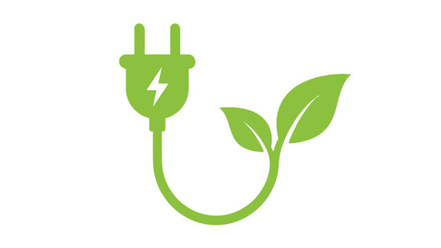 Bright green electrical plug icon connected to organic leaves representing sustainable clean renewable natural power energy