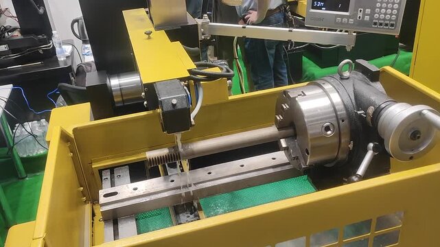 Electric Discharge Machining. Wire-cut electrical discharge machining EDM on CNC machine. Machine cutting metal with wire containing electrical discharges in liquid dielectric. High-precision process