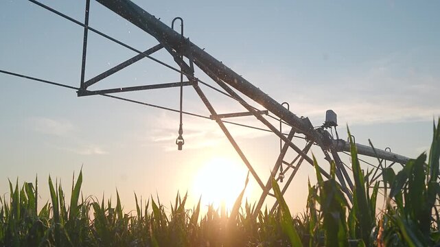 Irrigation pivot sprinkles water over corn field at sunrise. Agriculture sprinkler waters crop. Sunlight through irrigation system. Corn plants under pivot. Water droplets sparkle at sunrise.