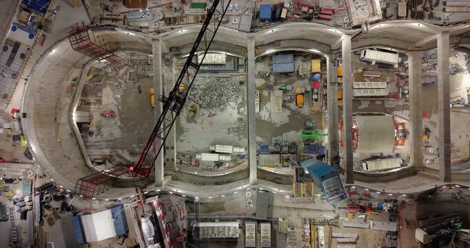 London, England, United Kingdom - 21 March 2026: Aerial view of the HS2 Victoria Road Crossover Box construction site with cranes and concrete structures.