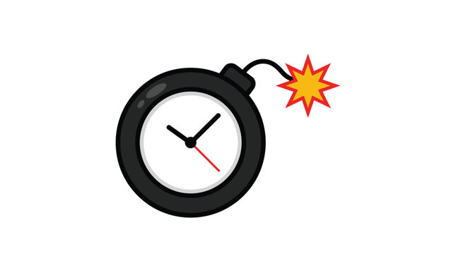 Stylized ticking bomb clock illustration featuring a round black casing with bright yellow explosive fuse