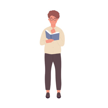 Nerd boy reading a book. Geek teenager learning and studying vector illustration