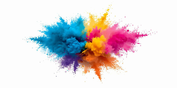 Dynamic Colorful Holi Powder Cloud Splash Explosion in Vibrant Blue Pink Yellow Purple and Orange Isolated on White Background for Festival Celebration and Creative Design.