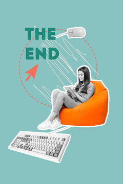3d sketch image vertical collage of inexperienced business girl sit beanbag write note the end termination employee qwerty mouse