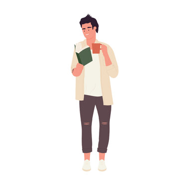 Reading student with cup of tea. Books lover, learning school pupil vector illustration