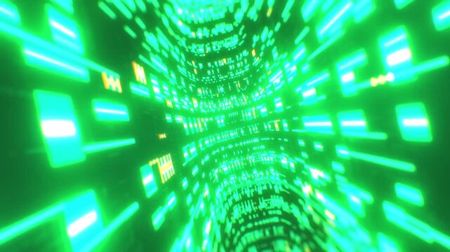 Glowing green binary data code and circuit blocks speed through a curved cyberspace tunnel in a dynamic 3D motion background