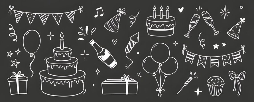 Hand drawn doodle set of birthday party elements including cake balloons gifts and festive decorations on chalkboard background