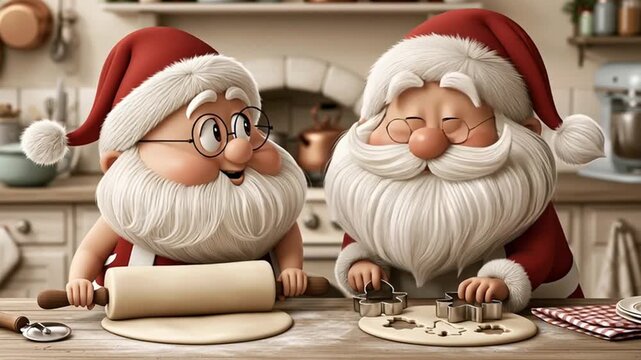 Cute funny cartoon Santa Clauses cooking cookies in the kitchen, animation