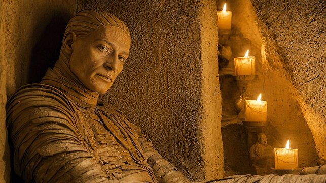 Clay-covered man sits among lit candles in a dark alcove.