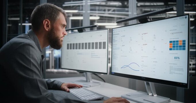 Data Center Operations Specialist Checks Extensive Server Infrastructure in Control Office and Immediately Manages Critical Heat Alert, Highlighting Facility Oversight, Risk Control, System Stability.