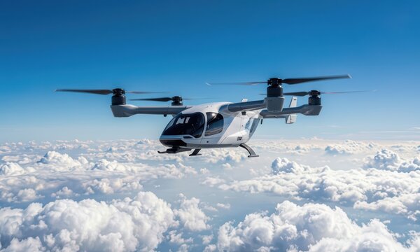 The air taxi hovers above the clouds, showcasing its VTOL capabilities. This innovative air taxi demonstrates the potential of urban air mobility in the sky.