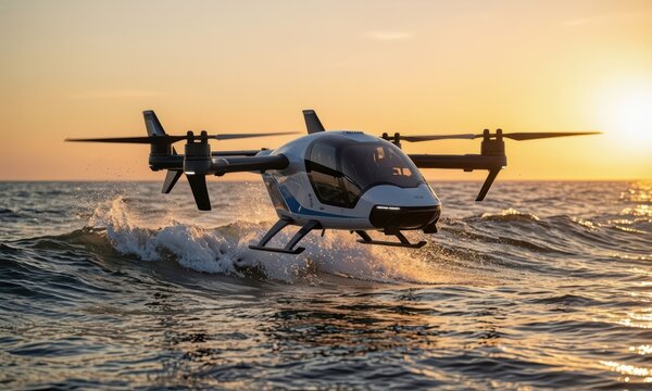A vtol air taxi hovers above the waves, showcasing modern technology. This innovative vtol air taxi glides effortlessly during sunset, blending nature and progress.