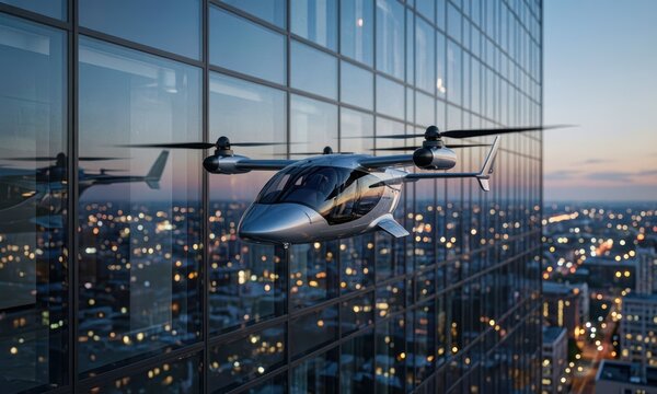 A sleek vtol air taxi hovers near a skyscraper, showcasing modern transportation. The vtol air taxi glides over a city illuminated by lights as evening approaches.