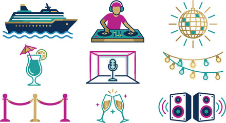 Naklejka premium Cruise Ship Party and Luxury Vacation Color Line Icon Set Featuring DJ Mixer Disco Ball Cocktail Stage Champagne Speakers and String Lights for Summer Event Designs