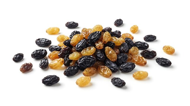 Mixed raisins assortment scattered on plain white background.