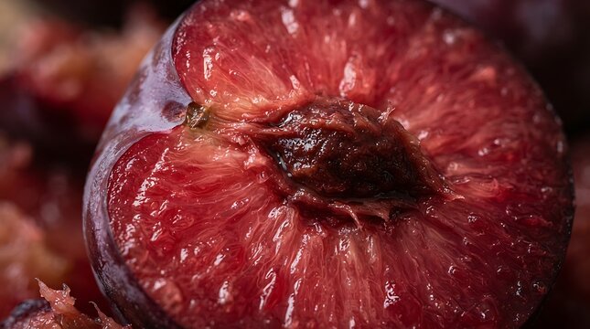 Red plum fruit slice reveals vibrant pulp and central stone.