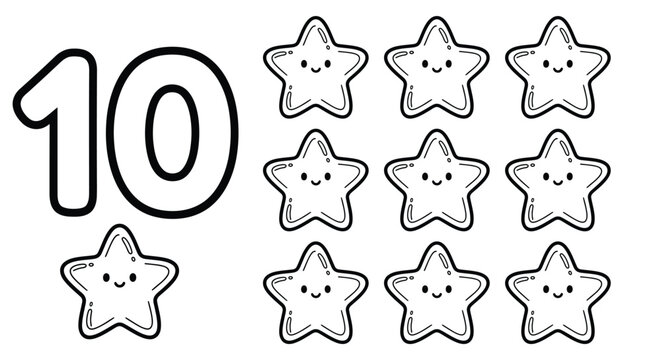Educational kids coloring page featuring the number ten with ten cute smiling stars for early childhood math learning