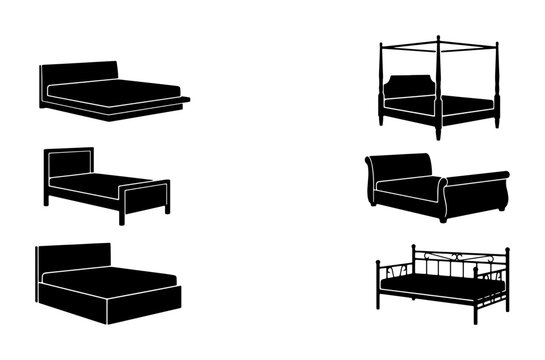 Six Bed Silhouettes, Furniture Icons, Bedroom Design Elements, Sleep and Comfort Objects