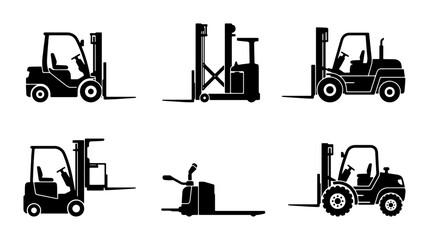 Forklift Icons Set: Warehouse Machinery, Industrial Vehicles, Material Handling Equipment, Logistics Transport © Muhin