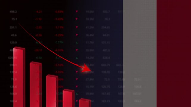 Economic crisis in France.Red falling graph animation with French flag.Stock market crash