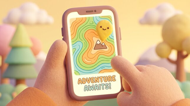 A 3D clay-style cartoon illustration of hands holding a smartphone displaying a colorful topographic map with a cute smiling GPS pin, mountain icons, and the text "Adventure Awaits!" set against a pla
