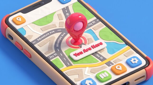 A close-up 3D cartoon style smartphone screen displaying a colorful digital map application with a large red GPS location pin, street names, and a "You Are Here" label against a blue background.