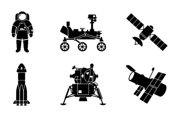 Space Exploration Icons: Astronaut, Rocket, Rover, Satellite, Lunar Lander, Vector Set © Mumin