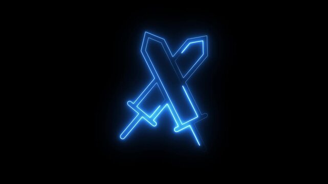 Neon blue crossed swords icon glowing with electric pulse on black background video loop.