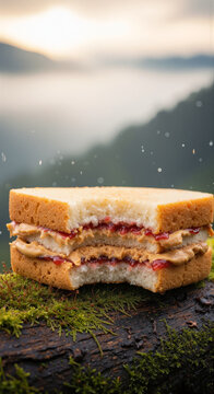 Peanut butter jelly sandwich with a bite mark resting on a mossy log in mountain landscape