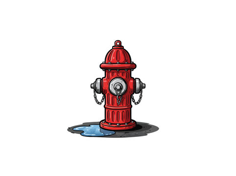Vintage red fire hydrant with water puddle vector illustration isolated on white background