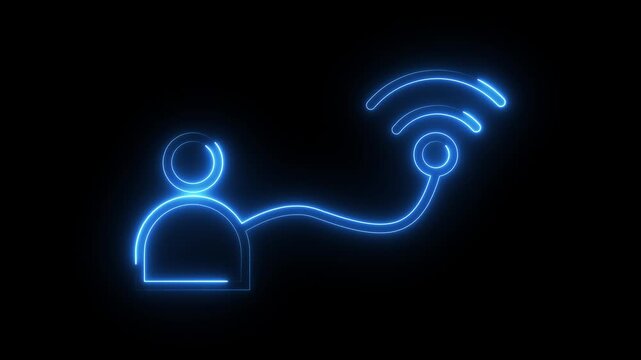Glowing neon line art animation of user profile icon connected to wireless signal symbol.