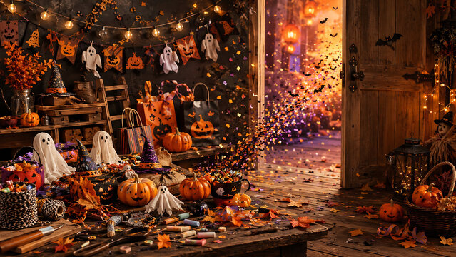 Magical Halloween Craft Room with Flying Confetti and Decorations