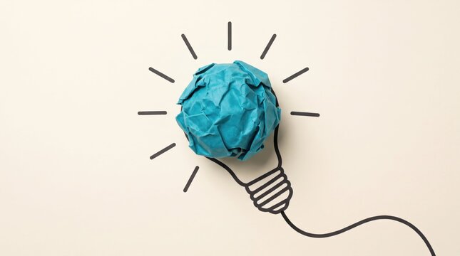 Crinkled blue paper ball creative idea lightbulb concept