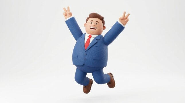 Happy businessman in a blue suit jumping with victory gesture isolated on white background