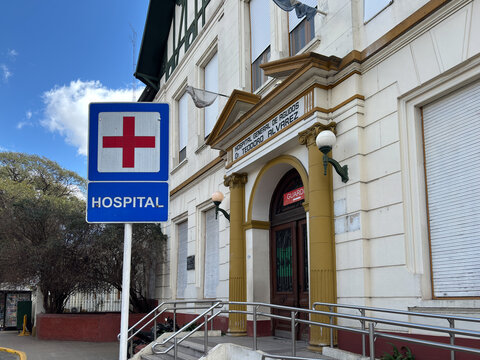 Entrance and traffic sign of the Teodoro Alvarez Hospital in Buenos Aires