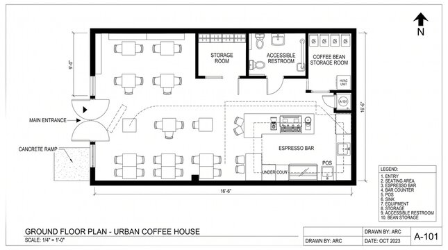 Architectural ground floor plan for an urban coffee house, professional cafe interior layout with espresso bar, detailed restaurant blueprint