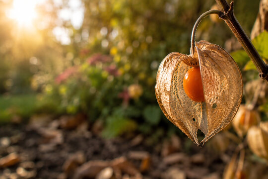 Reife Physalis mit filigraner Fruchth&uuml;lle im warmen Herbstlicht