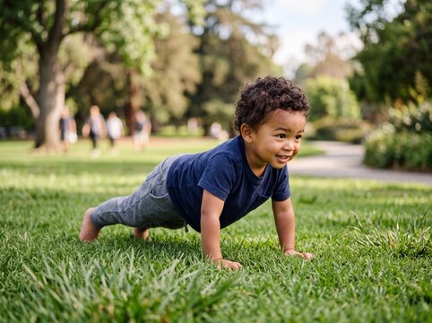 Mixed-ethnicity toddler boy practicing calisthenics in park