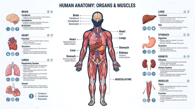 Comprehensive human anatomy chart focusing on vital organs and muscular structure with detailed functions for brain heart lungs liver stomach and kidneys in a healthcare educational style.