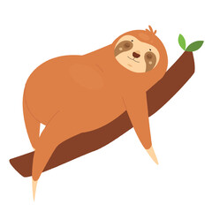Fototapeta premium Relaxed sloth sleeping on tree. Lazy tropical bear on branch, laziness state vector illustration