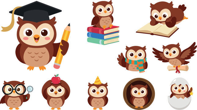 Cute cartoon owl school education vector set featuring wise bird characters with graduation cap pencil books magnifying glass diploma isolated on white background
