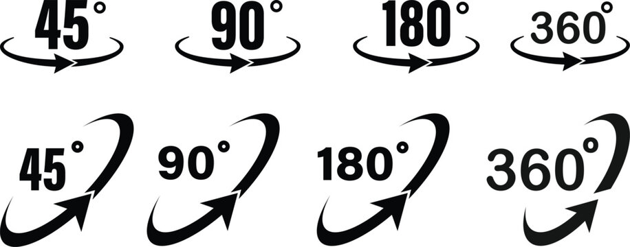 Arrows circular rotation icons with degrees 360, 180, 90, and 45 for web design and UI elements featuring icon, arrow, 90 with 45 and turn elements.used for mobile app, web page or ui