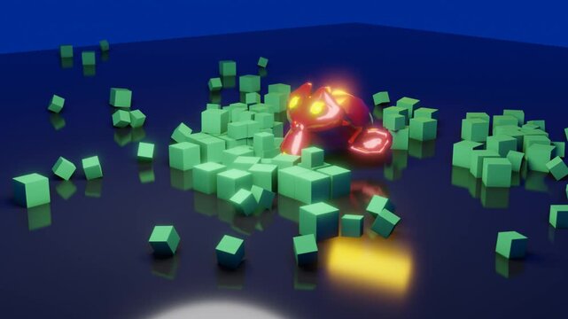 3D animation of a shiny red monkey head emerging among scattered green cubes on a reflective dark surface, with glowing yellow eyes and cinematic lighting.