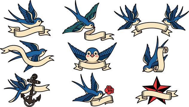 Old school tattoo swallow birds vector set featuring traditional blue sparrows with blank ribbon banners anchor rose flower and nautical star isolated on white
