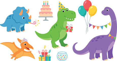 Cute cartoon dinosaur birthday party vector set featuring t-rex triceratops brachiosaurus and pterodactyl with cake balloons gifts garland isolated on white background © MD