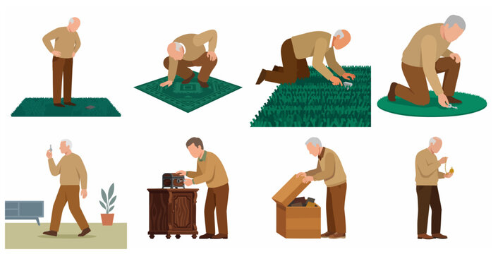 Elderly man searching for lost items and finding keys vector illustration set
